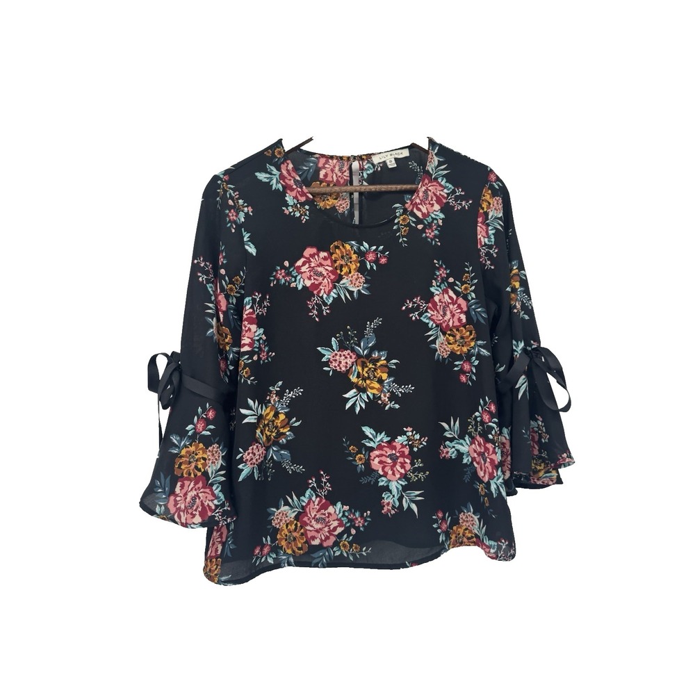 Lily Black Floral Bell Sleeve Chiffon Blouse Multicolor M Coquette Fairy Flaw